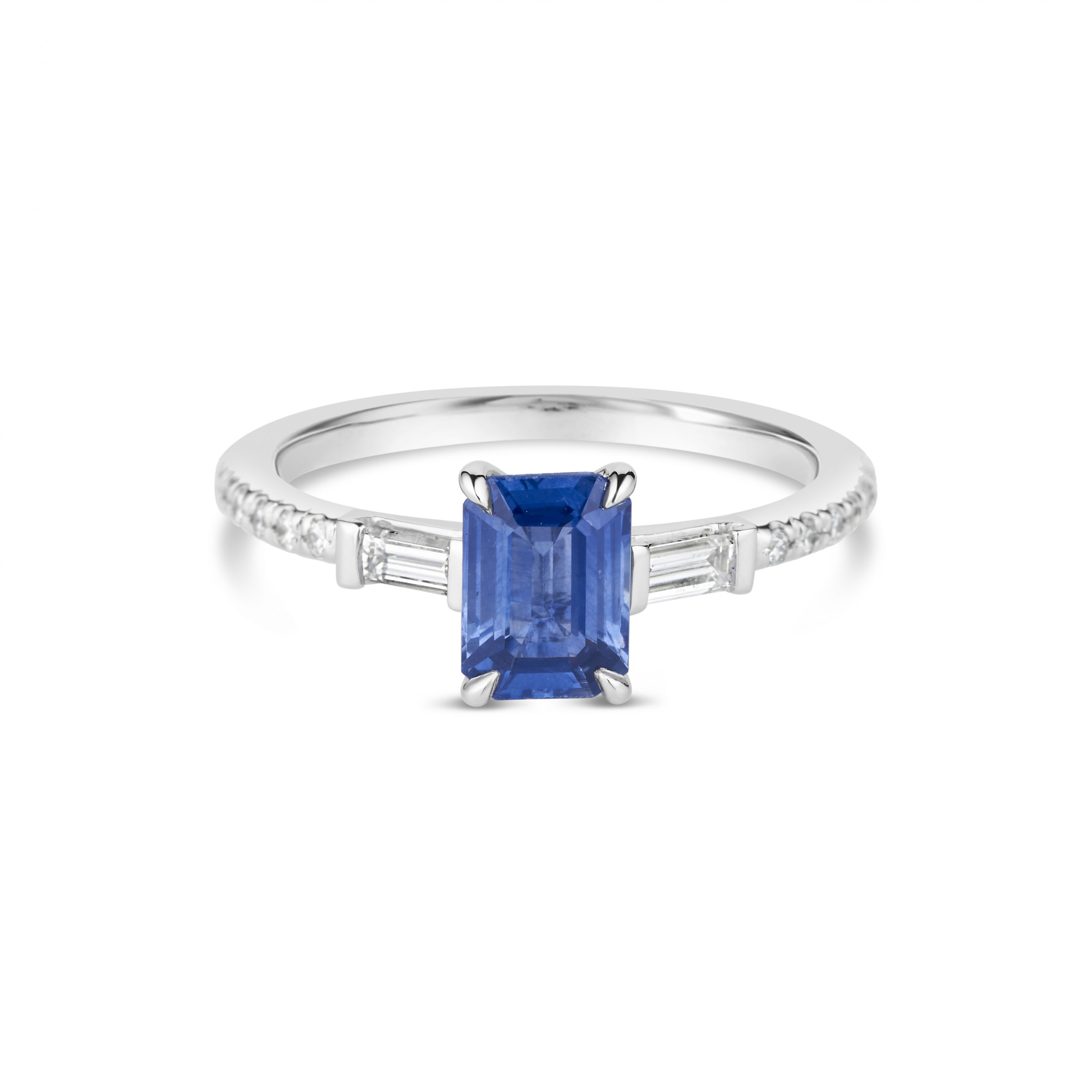 emerald cut diamond and sapphire engagement ring